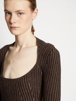 Detail image of model wearing Plaited Rib Scoop Neck Sweater in BLACK/DARK BROWN