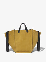 Front image of Larger Mercer Suede Tote in FATIGUE with strap down