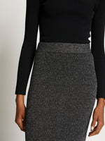 Detail image of model wearing Lurex Rib Knit Skirt in BLACK/SILVER