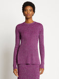 Front cropped image of model wearing Lurex Crewneck Sweater in MAGENTA/SILVER