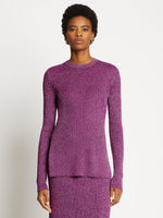 Front cropped image of model wearing Lurex Crewneck Sweater in MAGENTA/SILVER