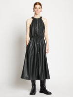 Front full length image of model wearing Faux Leather Drawstring Sleeveless Dress in BLACK