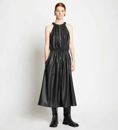 Front full length image of model wearing Faux Leather Drawstring Sleeveless Dress in BLACK