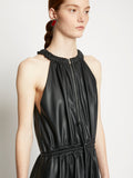 Detail image of model wearing Faux Leather Drawstring Sleeveless Dress in BLACK