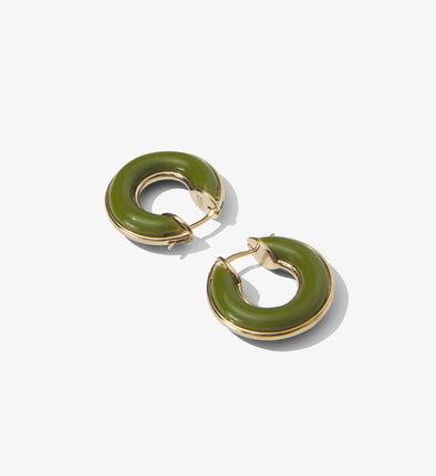 Flat image of mini hoop earrings in olive