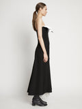 Side full length image of model wearing Matte Viscose Crepe Strapless Dress in BLACK