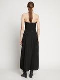 Back full length image of model wearing Matte Viscose Crepe Strapless Dress in BLACK