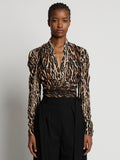 Front cropped image of model wearing Leopard Crepe De Chine V-Neck Top in BROWN MULTI