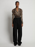 Front full length image of model wearing Leopard Crepe De Chine V-Neck Top in BROWN MULTI