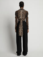 Back full length image of model wearing Leopard Crepe De Chine V-Neck Top in BROWN MULTI