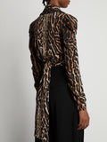 Detail image of model wearing Leopard Crepe De Chine V-Neck Top in BROWN MULTI