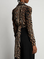 Detail image of model wearing Leopard Crepe De Chine V-Neck Top in BROWN MULTI