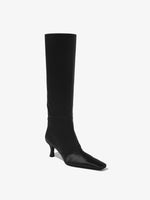 Front 3/4 image of Satin Trap Boots in Black