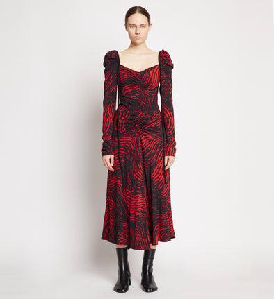 Front full length image of model wearing Painted Spiral Crepe De Chine Cinched Dress in RED MULTI