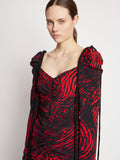 Detail image of model wearing Painted Spiral Crepe De Chine Cinched Dress in RED MULTI