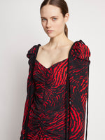 Detail image of model wearing Painted Spiral Crepe De Chine Cinched Dress in RED MULTI