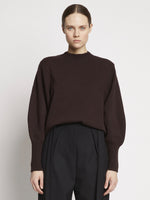 Front cropped image of model wearing Eco Cashmere Balloon Sleeve Sweater in BROWN