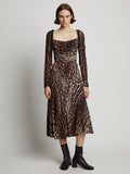 Front full length image of model wearing Leopard Crepe De Chine Cinched Dress in BROWN MULTI