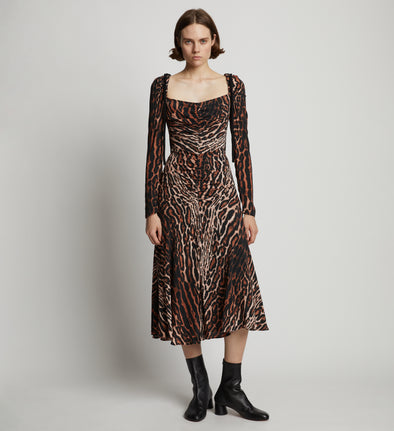 Front full length image of model wearing Leopard Crepe De Chine Cinched Dress in BROWN MULTI