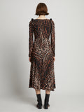 Back full length image of model wearing Leopard Crepe De Chine Cinched Dress in BROWN MULTI