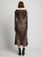 Back full length image of model wearing Leopard Crepe De Chine Cinched Dress in BROWN MULTI