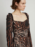 Detail image of model wearing Leopard Crepe De Chine Cinched Dress in BROWN MULTI