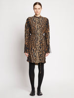 Front full length image of model wearing Leopard Crepe De Chine Shirt Dress in BROWN MULTI