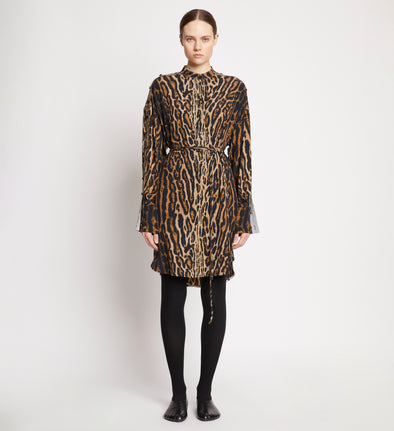 Front full length image of model wearing Leopard Crepe De Chine Shirt Dress in BROWN MULTI