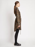 Side full length image of model wearing Leopard Crepe De Chine Shirt Dress in BROWN MULTI