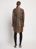 Back full length image of model wearing Leopard Crepe De Chine Shirt Dress in BROWN MULTI