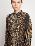 Detail image of model wearing Leopard Crepe De Chine Shirt Dress in BROWN MULTI