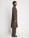 Side full length image of model wearing Lightweight Wool Coat in SLATE