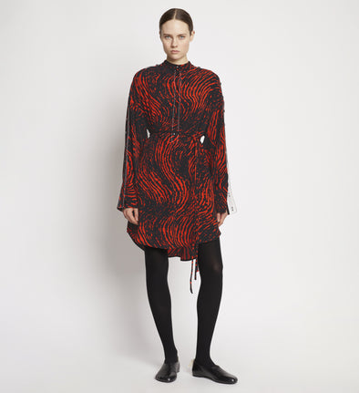 Front full length image of model wearing Leopard Crepe De Chine Shirt Dress in RED MULTI