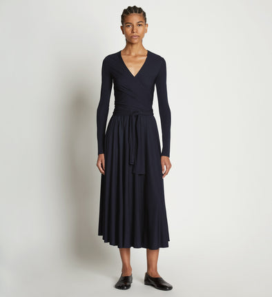 Front full length image of model wearing Matte Crepe Wrap Dress in BLACK