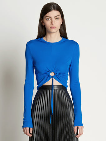 Front cropped image of model wearing Matte Crepe Drawstring Top in BRIGHT BLUE