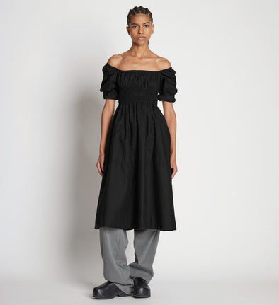 Front full length image of model wearing Square Neck Poplin Dress in BLACK