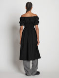 Back full length image of model wearing Square Neck Poplin Dress in BLACK