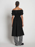 Back full length image of model wearing Square Neck Poplin Dress in BLACK