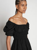 Detail image of model wearing Square Neck Poplin Dress in BLACK