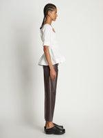 Side full length image of model wearing Square Neck Poplin Top in OFF WHITE