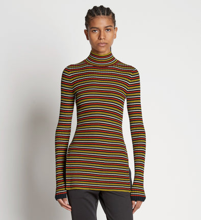 Front cropped image of model wearing Stripe Knit Turtleneck in VERMILLION MULTI