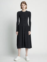 Front full length image of model wearing Rib Knit Button Front Dress in BLACK