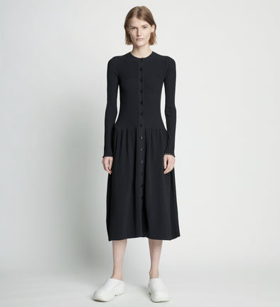 Front full length image of model wearing Rib Knit Button Front Dress in BLACK