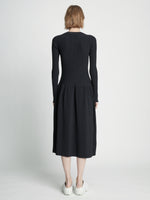 Back full length image of model wearing Rib Knit Button Front Dress in BLACK