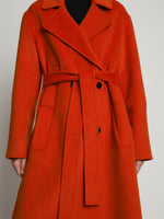 Detail image of model wearing Melton Double Face Coat in VERMILLION MELANGE