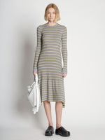 Front full length image of model wearing Stripe Knit Dress in PERIWINKLE MULTI