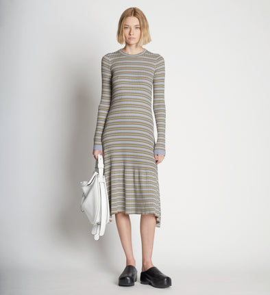 Front full length image of model wearing Stripe Knit Dress in PERIWINKLE MULTI