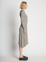 Side full length image of model wearing Stripe Knit Dress in PERIWINKLE MULTI