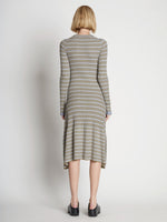 Back full length image of model wearing Stripe Knit Dress in PERIWINKLE MULTI