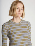 Detail image of model wearing Stripe Knit Dress in PERIWINKLE MULTI